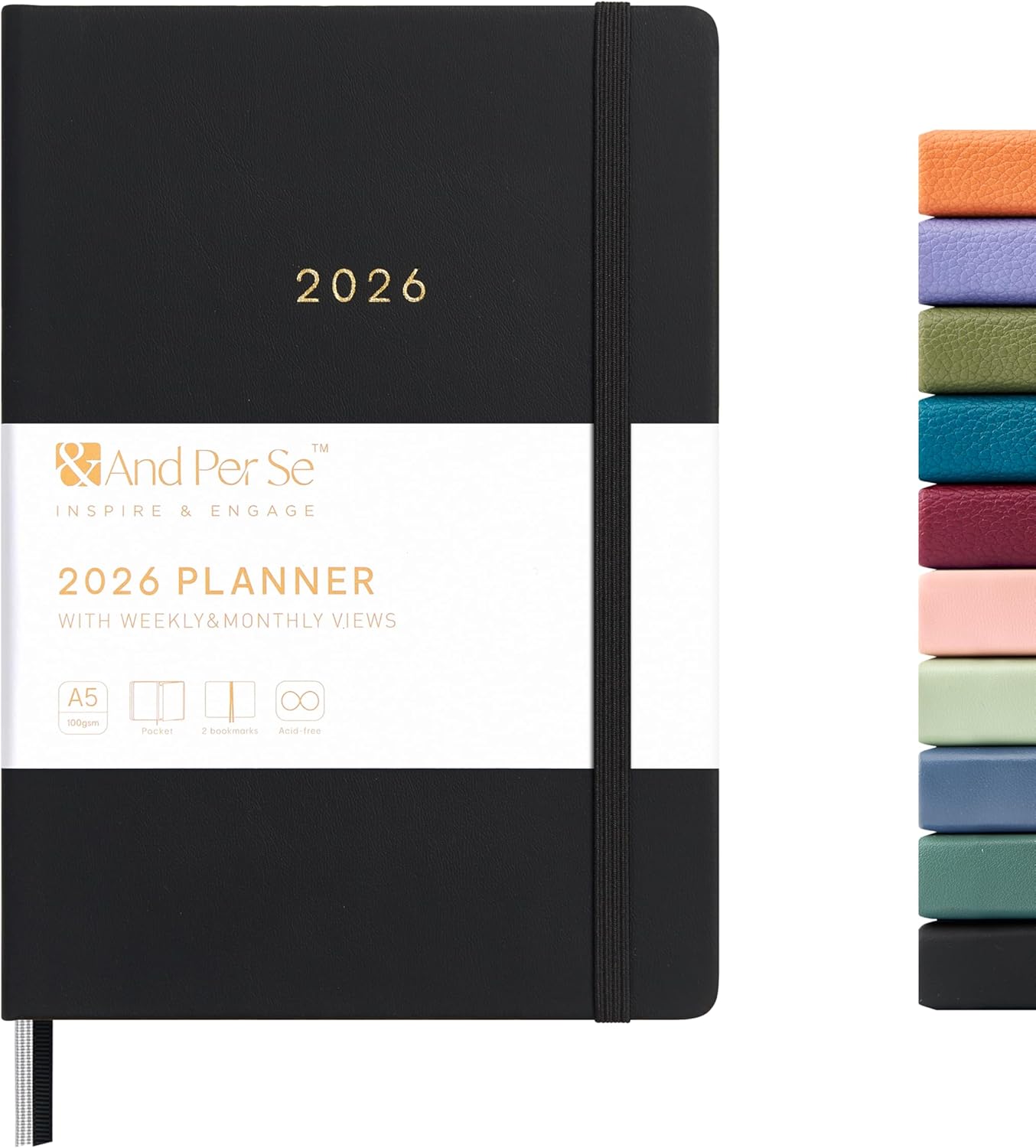 And Per Se 2026 Planner-Daily, Weekly & Monthly Leather Hardcover Planner, 5.7" x 8", Daily Schedule, Monthly Tabs, 100 GSM Thick Paper, Back Pocket (Black)