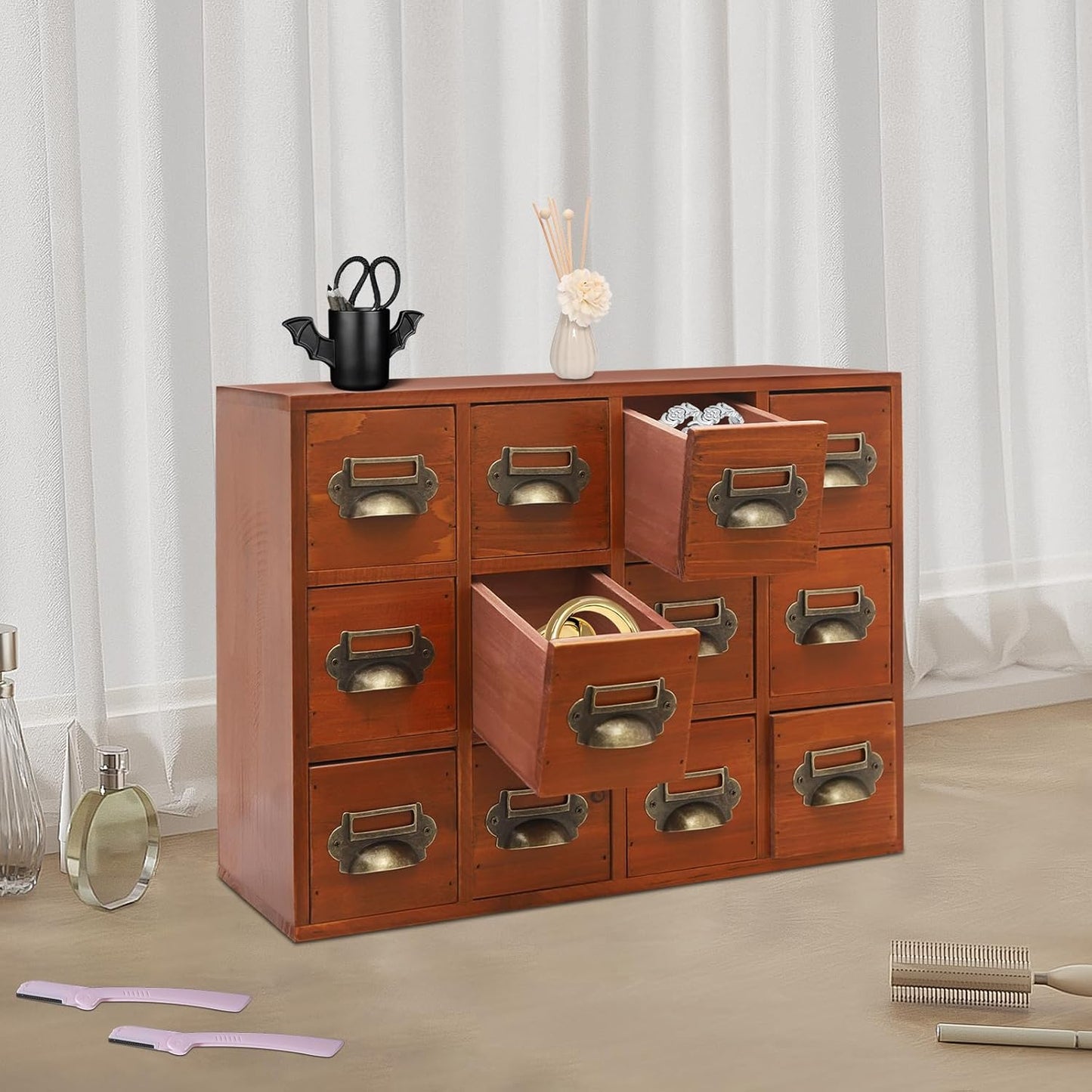 3-Tier Storage Cabinet, 12-Drawer Wooden Organizer with Metal Handles, Wooden Medicine Cabinet, Vintage Brown Solid Wood & Alloy Desktop Storage Shelf for Households, Offices (Brown)