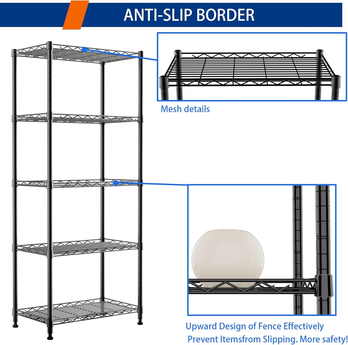 REGILLER 5-Wire Shelving Metal Storage Rack Adjustable Shelves,Standing Storage Shelf Units for Laundry Bathroom Kitchen Pantry Closet(Black,11.8" D x 21.2" W x 53.5" H)