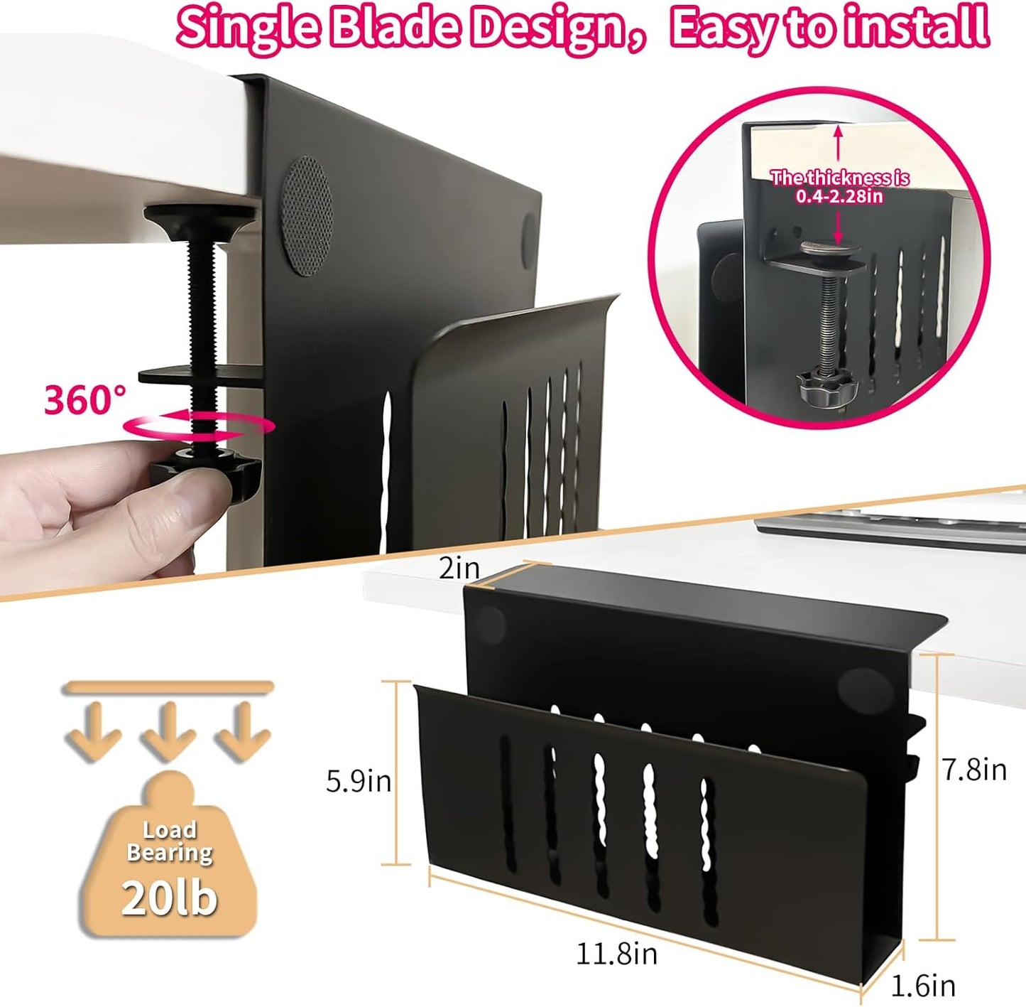 Desk Side Storage, Under Desk Storage, No Drill Steel Hanging Desk Organizer, Laptop Holder, Desk Storage Holder for Office & Home.(Black)