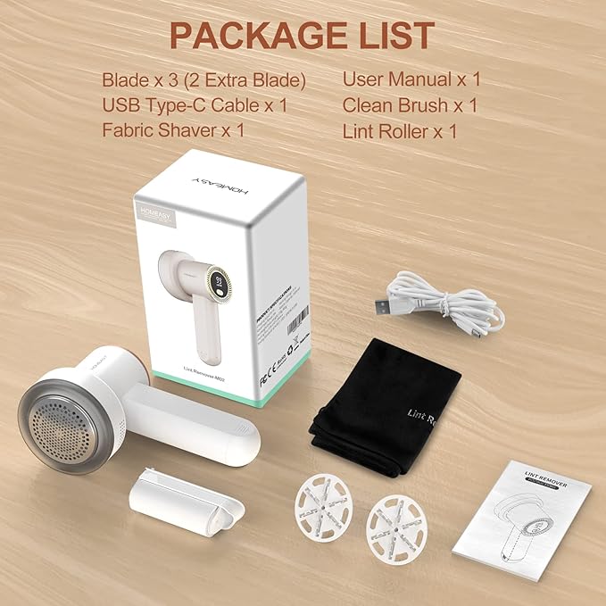 Fabric Shaver Fuzz Remover Rechargeable, HOMEASY Electric Lint Remover Shaver with 3 Blades & LED Digital Display, Sweater Couch Fabric Pill Shaver for Sweater, Couch, Furniture (White)