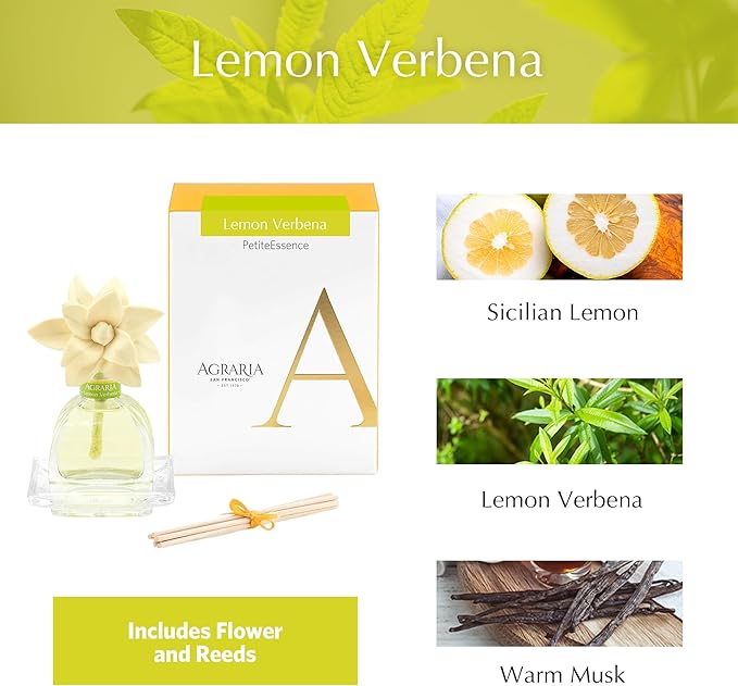 AGRARIA Lemon Verbena Scented PetiteEssence Diffuser, 1.7 Ounces with Reeds and a Flower