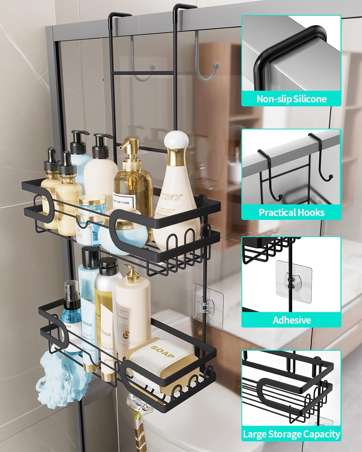 HapiRm Hanging Shower Caddy Over the Door with 14 Hooks and Soap Holder, No Drilling Adhesive Shower Storage, Rustproof & Waterproof Stainless Steel Bathroom Shelves - Black