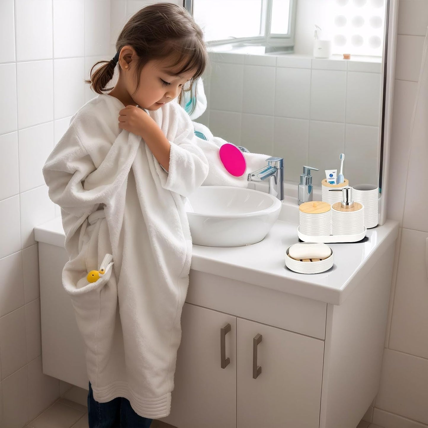 IMAVO Bathroom Accessory Set-11Pcs White Bathroom Accessories Set with Trash Can,Soap Dispenser,Soap Dish,Toothbrush Holder,Toothbrush Cup,Toilet Brush Holder,Qtip Holder Dispenser with Labels