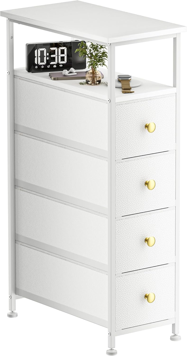 Narrow Dresser for Bedroom, Vertical Chest of Drawers with Shelf & 4 Drawers, Slim Dresser Storage Tower with Wood Top, Sturdy Frame, Leather Faux for Narrow Space, Bathroom&Laundry(White)