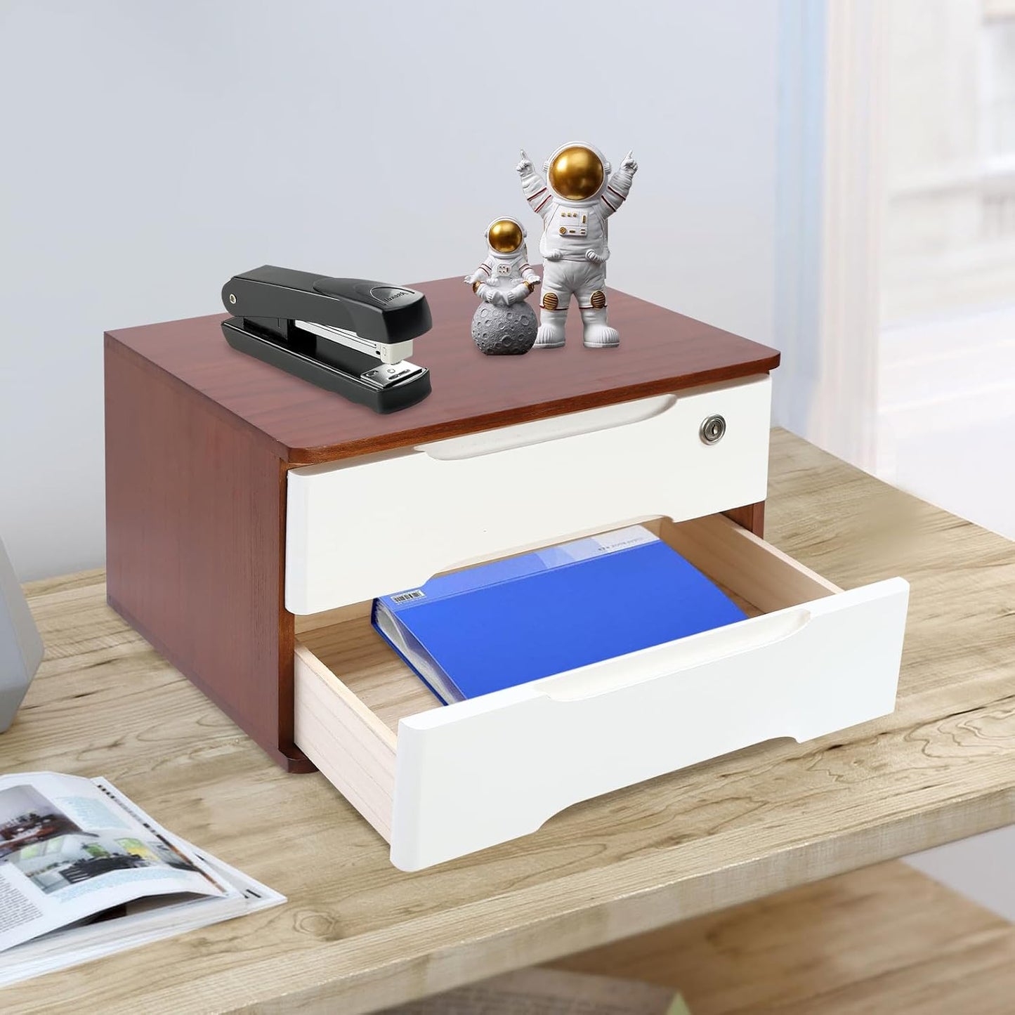 2-Tier Wooden Desktop Storage Box Desk Organizer with 2 Drawers and Lock Countertop Drawers Organizer for Office Supplies File Paper Cosmetic Jewelry, 15.4x11.8x8.5 in (Dark Brown and White)