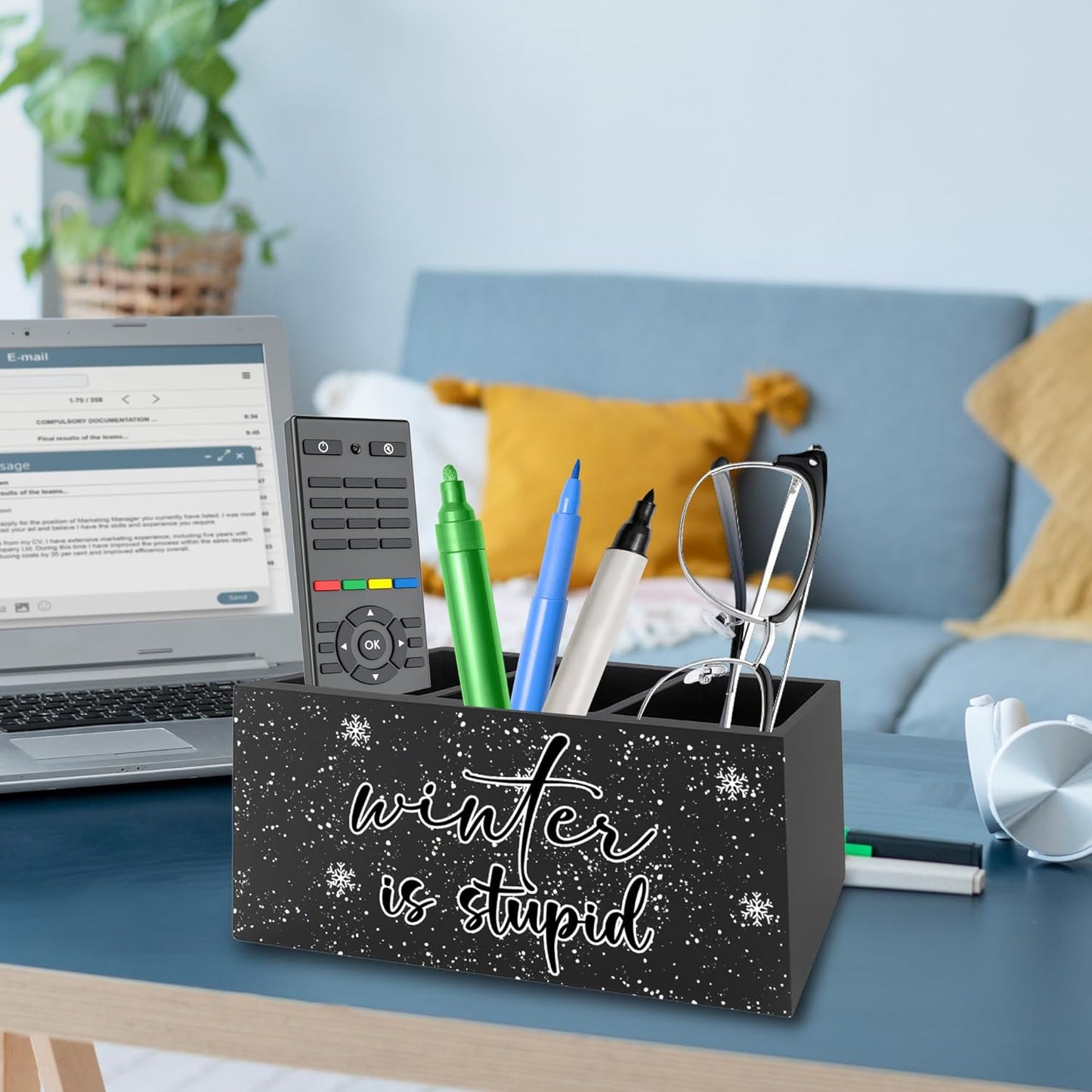 Funny Black Christmas Pen Pencil Holder Organizer for Desk, Winter Is Stupid Winter Snowy Xmas Snowflake Wooden Box Signs Decorations for Home Office Desk Tabletop