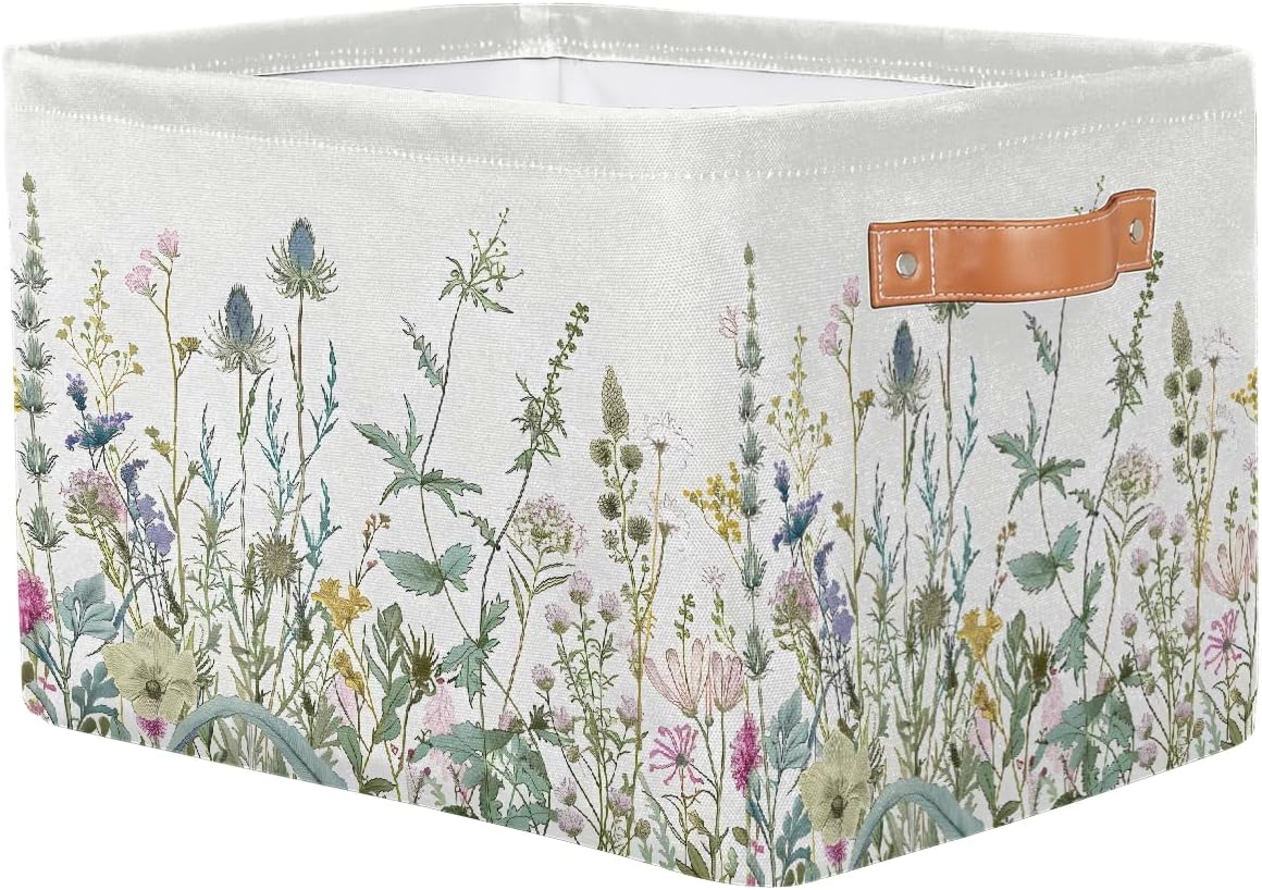 Wildflowers Leaves Storage Basket for Shelves, Storage Bins with Handles, Collapsible Basket for Organizing, Closet Toy Baskets for Nursery Room, 15x11x9.5 in, Canvas, Herbal Wildflower