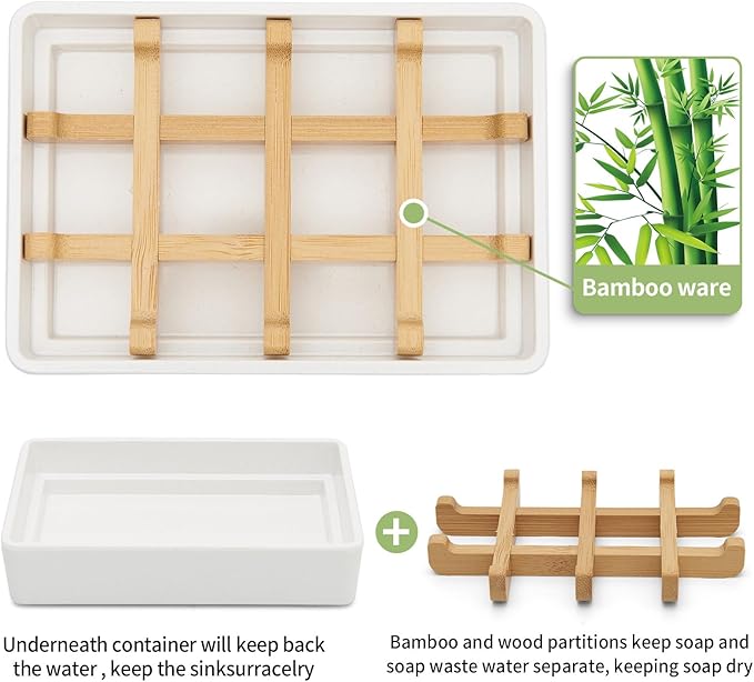 Bamboo Soap Dishes for Shower Wooden Soap Bar Holder for Bathroom Soap Tray Easy to Clean, Durable and with Non-Slip Pads(Single White Square)