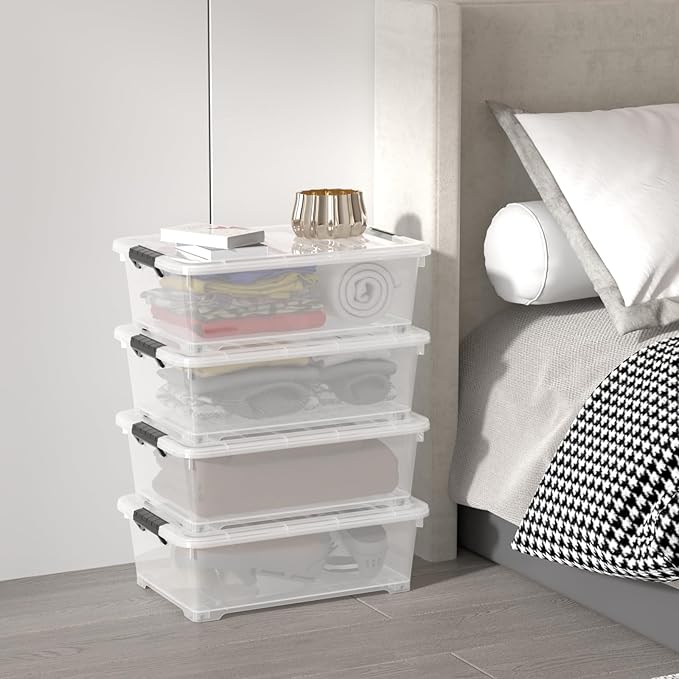 Sandmovie 4 Packs 20 Quart Plastic Under Bed Storage Boxes, Plastic Bins Storage Under Bed, Clear
