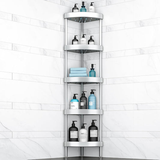 Nieifi Corner Shower Caddy Stand-5 Tier Rustproof Anodized Aluminum Standing Shower Organizer-Shower Caddy Corner-Dual Stability to Anti-Shaking-Height-Adjustable Legs for Uneven Surfaces-Silver