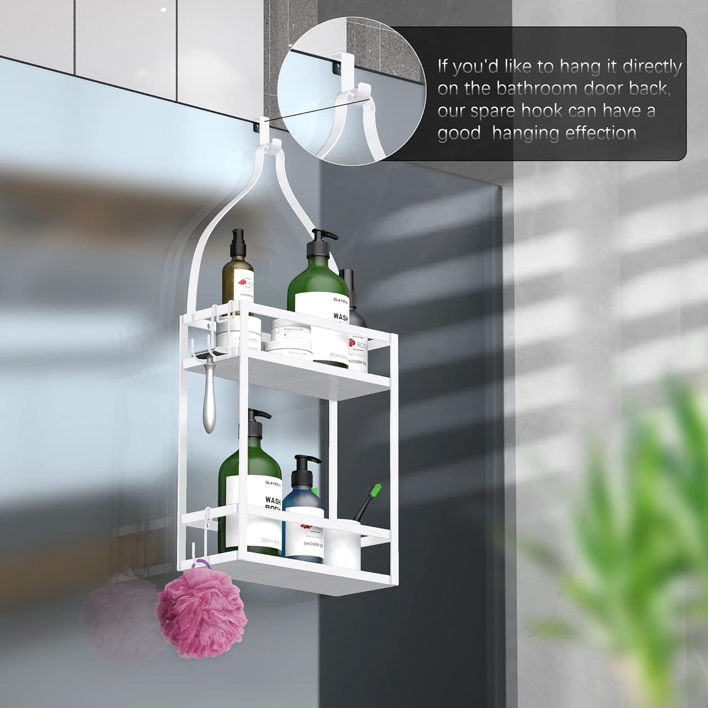 Meangood Shower Caddy 10.4" x 4.5" x 22.04" Hanging Shower Caddy Organizer Over Shower Head Big Capacity for Shampoo, Conditioner with Hooks for Razor/Sponge, White