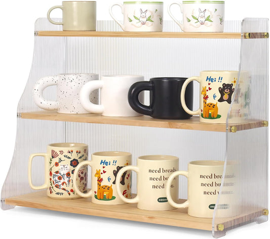 Coffee Mug Holder Wooden Cup Station Organizer 3 Tier Cup Holder for Coffee Bar Mug Display Rack for Countertop Mug Holder Shelf for Home Kitchen Trapezium-Pinewood