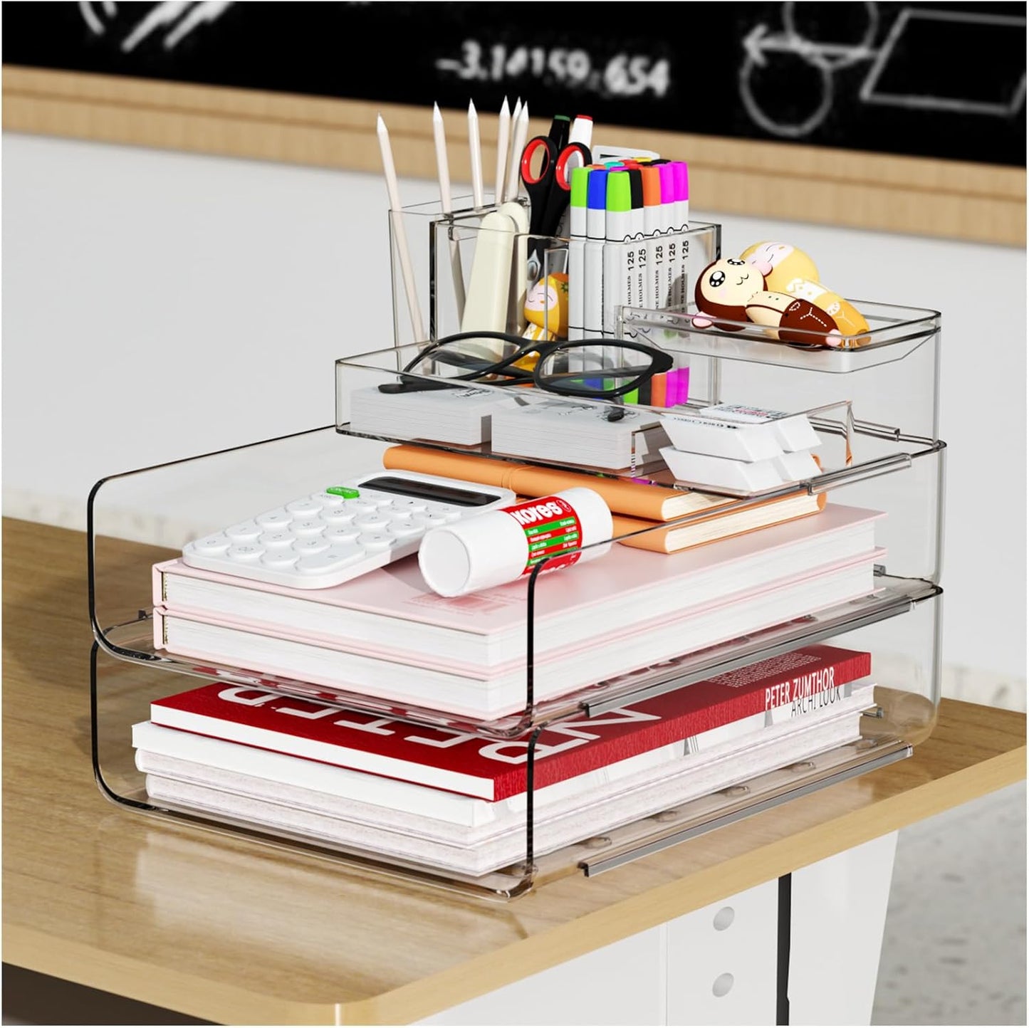 YKLSLH Paper Organizer Letter Tray - Acrylic Stackable Desk File Organizer with 5-Gird Tray and Pencil Holder, Clear Paper Sorter Office Organizer for Letter/A4, Office File Ipad Books Notes Etc