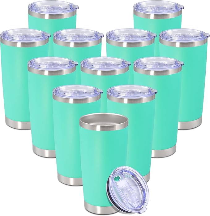 20 oz Tumbler with lid Double Wall Vacuum Insulated Tumblers Stainless Steel Coffee Mug Travel Coffee Tumbler Powder Coated Tumbler Cup Keep Hot&Cold - (Light Blue 12 Pack)