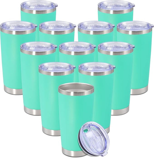 20 oz Tumbler with lid Double Wall Vacuum Insulated Tumblers Stainless Steel Coffee Mug Travel Coffee Tumbler Powder Coated Tumbler Cup Keep Hot&Cold - (Light Blue 12 Pack)