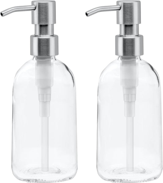 Grove Co. Gel Hand Soap Dispenser (13.5 Oz) 2 x Refillable Glass Bottles with Stainless Steel Pump, Reusable Liquid Soap Refill Set, Square Base, Reduce Plastic Waste Bundle