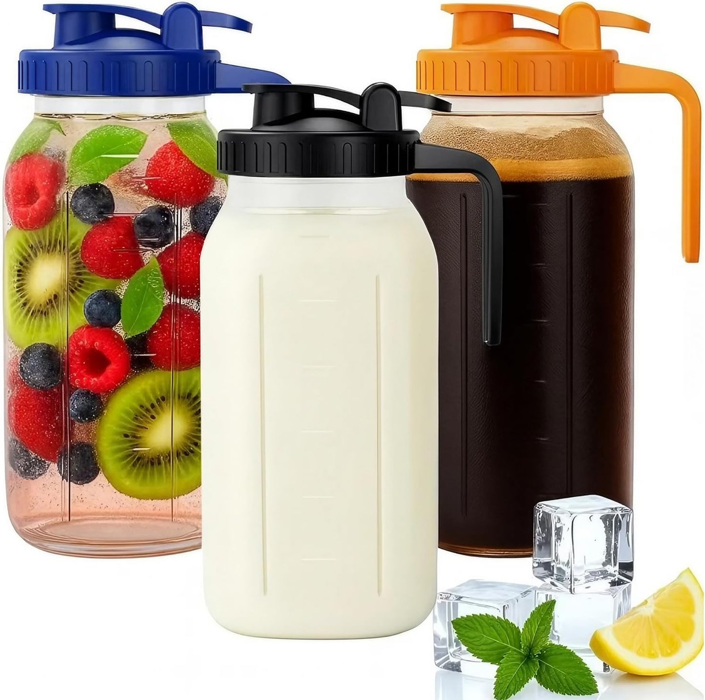 64oz Mason Jar Pitcher - Airtight & Leakproof Glass Pitchers with Handle and Lid, Perfect for Breastmilk, Cold Brew and Sun Tea for Outside,2 Quart Mason Jar with Pour Spout Lid,1/2 Gallon Water Jug