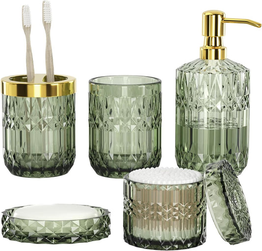 Green Bathroom Accessories Set, 5Pcs Clear Glass Green Accessories with Lotion Soap Dispenser, Soap Dish, Toothbrush Holder, Tumbler, Cotton Swab Jar, Modern Bathroom Decor Crystal Vintage Gift