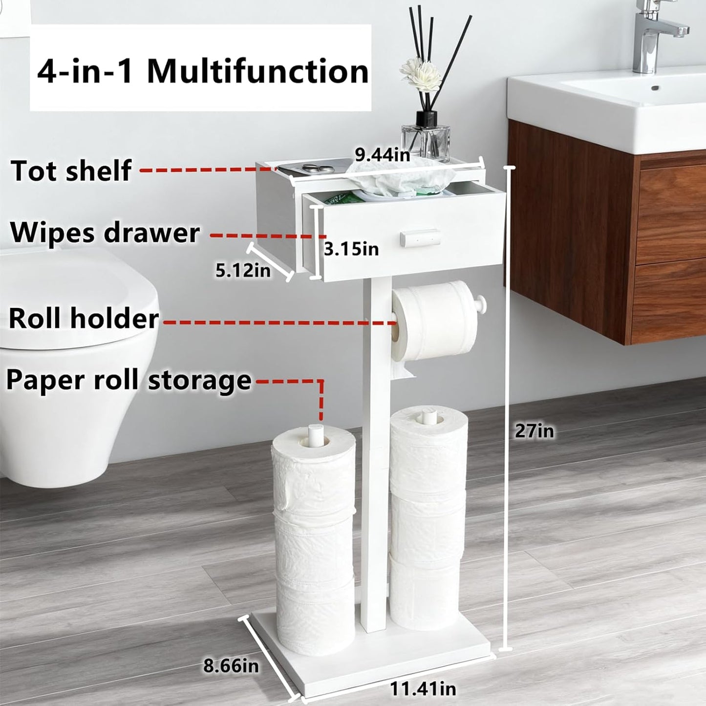 Freestanding Toilet Paper Holder Stand with Shelf, White Wooden Toilet Paper Roll Holder with Wet Wipes Storage Drawer,Bathroom(2 Rods,Stores 6 Rolls)