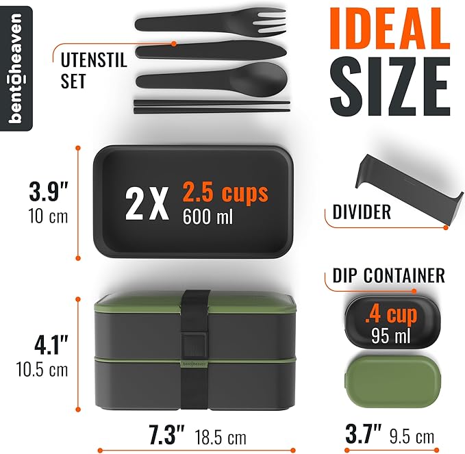 Bentoheaven Premium Bento Box Adult Lunch Box with Compartments for Women & Men, Set of Utensil & Chopsticks & Dip Container, Cute Japanese Kids Bento Lunch Box, Microwavable (Olive Garden)