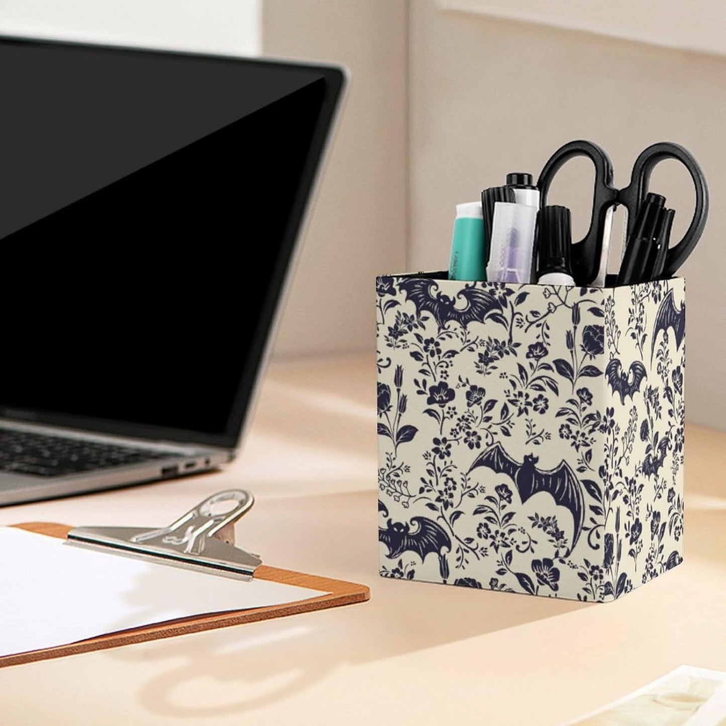Square Pen Holder & Pencil Organizer for Desk - Office Storage Organizer, Markers/Makeup Brushes/Scissors Holder, Compact Desk Decor Accessories for Home Classroom School(Goth Bats)
