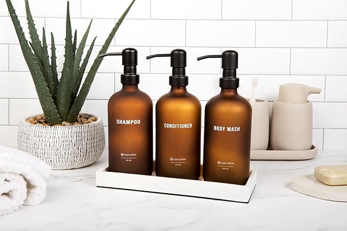 Frosted Amber Glass Shampoo and Conditioner Dispenser Set – Refillable 16 OZ Bottles with Pump, Concrete Tray Included – Modern Bathroom Organization