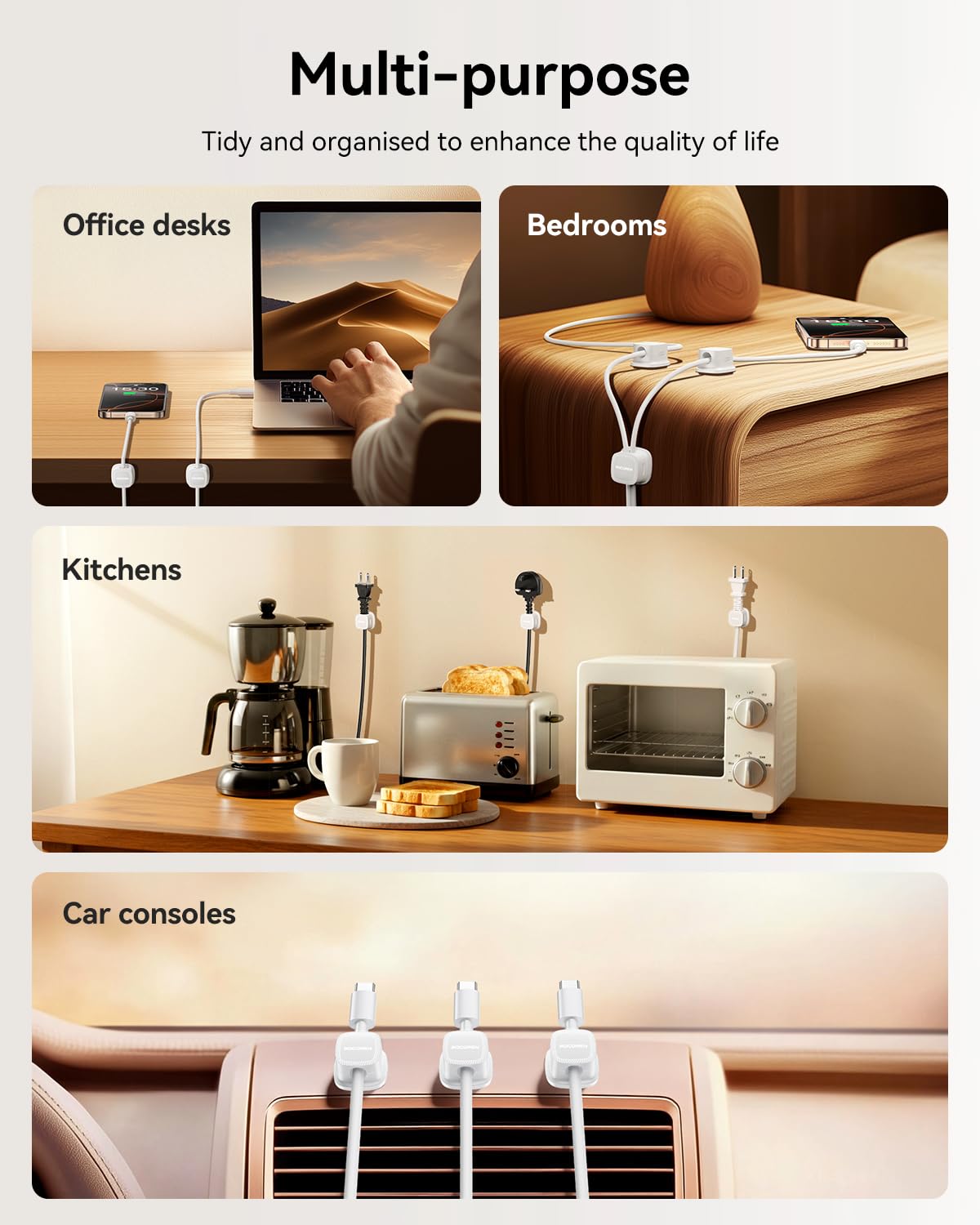 18-Pack Magnetic Cable Clips Cord Organizer-Cable Smooth Adjustable, Rocoren Desk Cable Management Accessories,Cable Holder Clips Wire Holder Keeper for Desktop,Nightstand,Wall,Home Office,Phone,Car