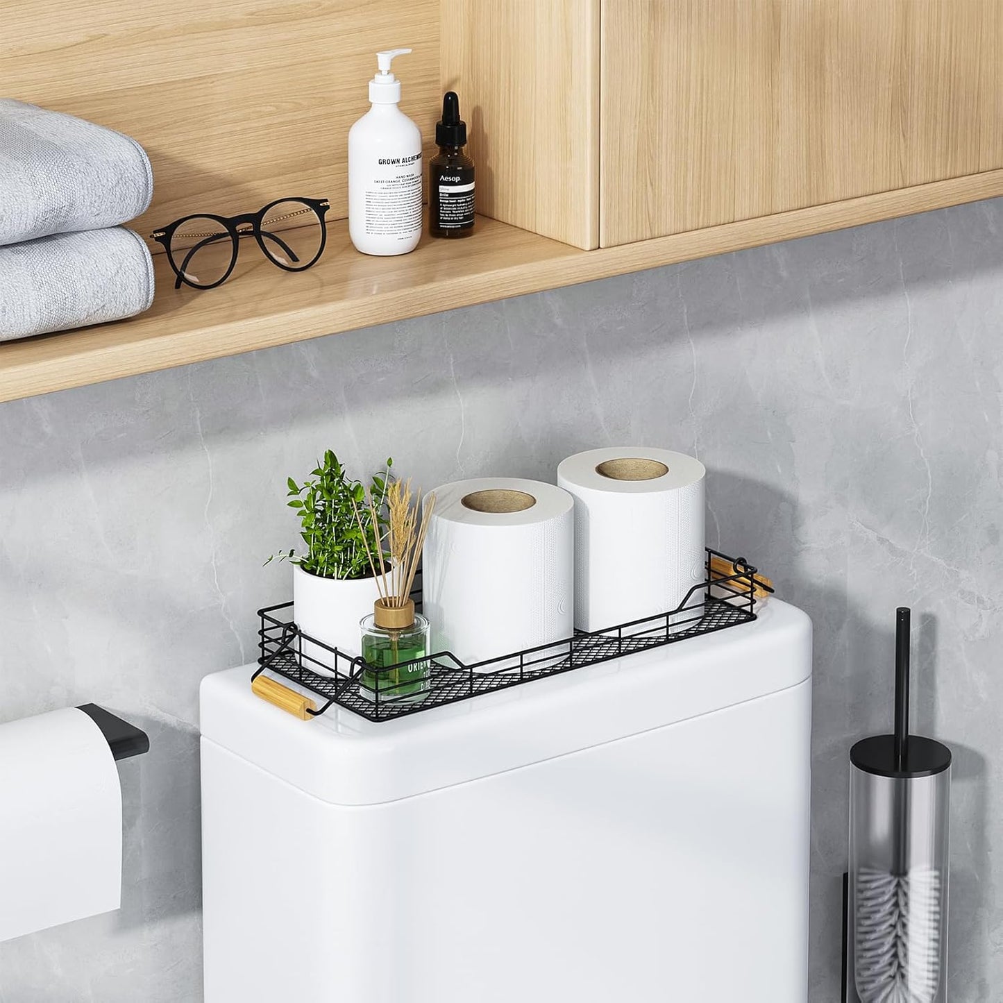 VITVITI Metal Toilet Paper Basket Storage, Bathroom Toilet Tank Tray with Bamboo Handle Countertop, Back of Toilets Tray Basket for Vanity Kitchen Counter Decor, Black