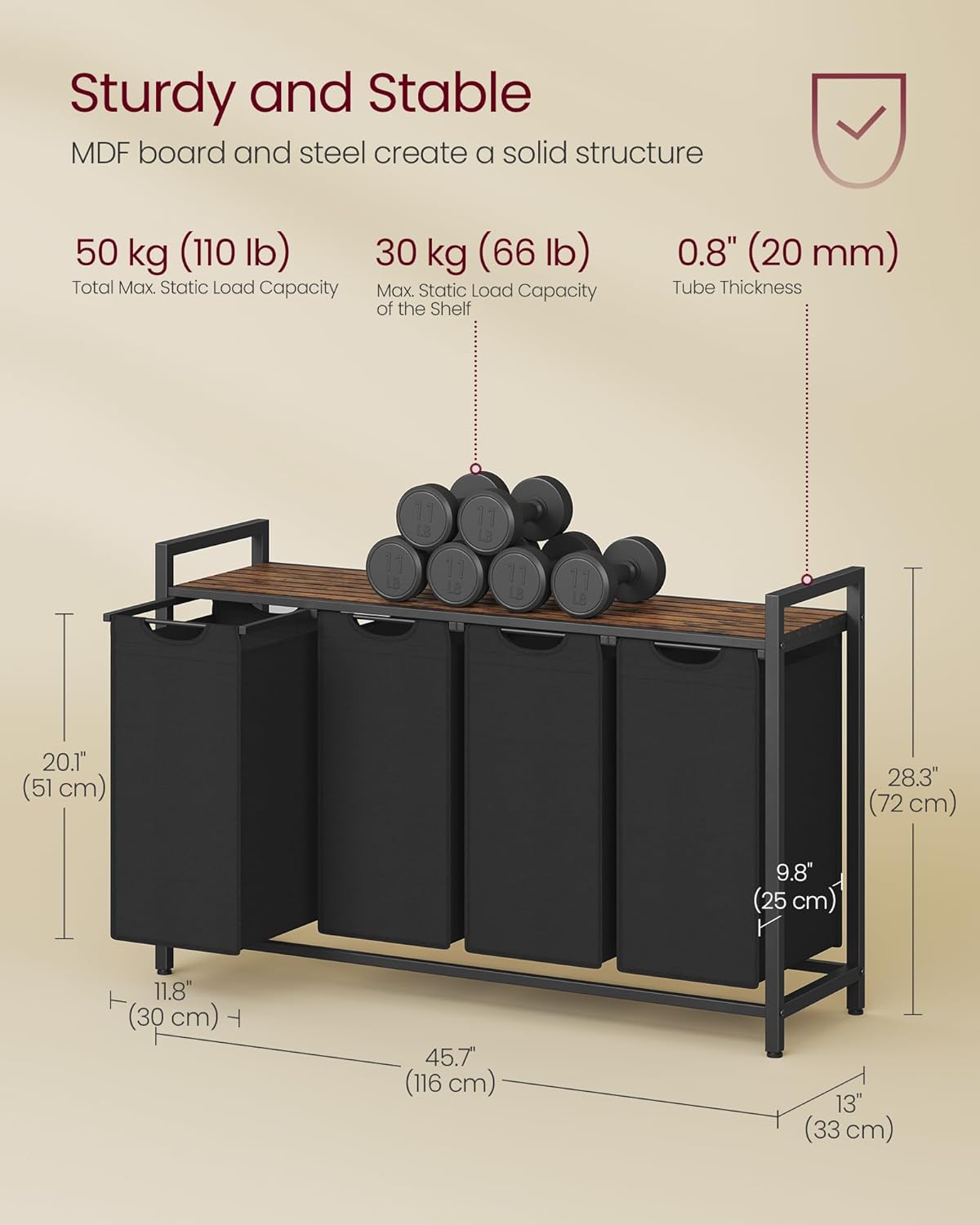 VASAGLE Laundry Hamper, Laundry Basket, Laundry Sorter with 4 Pull-Out and Removable Bags, Shelf, Metal Frame, 4 x 10.6 Gallons (40 L), 45.7 x 13 x 28.4 Inches, Ink Black and Rustic Brown UBLH401B01