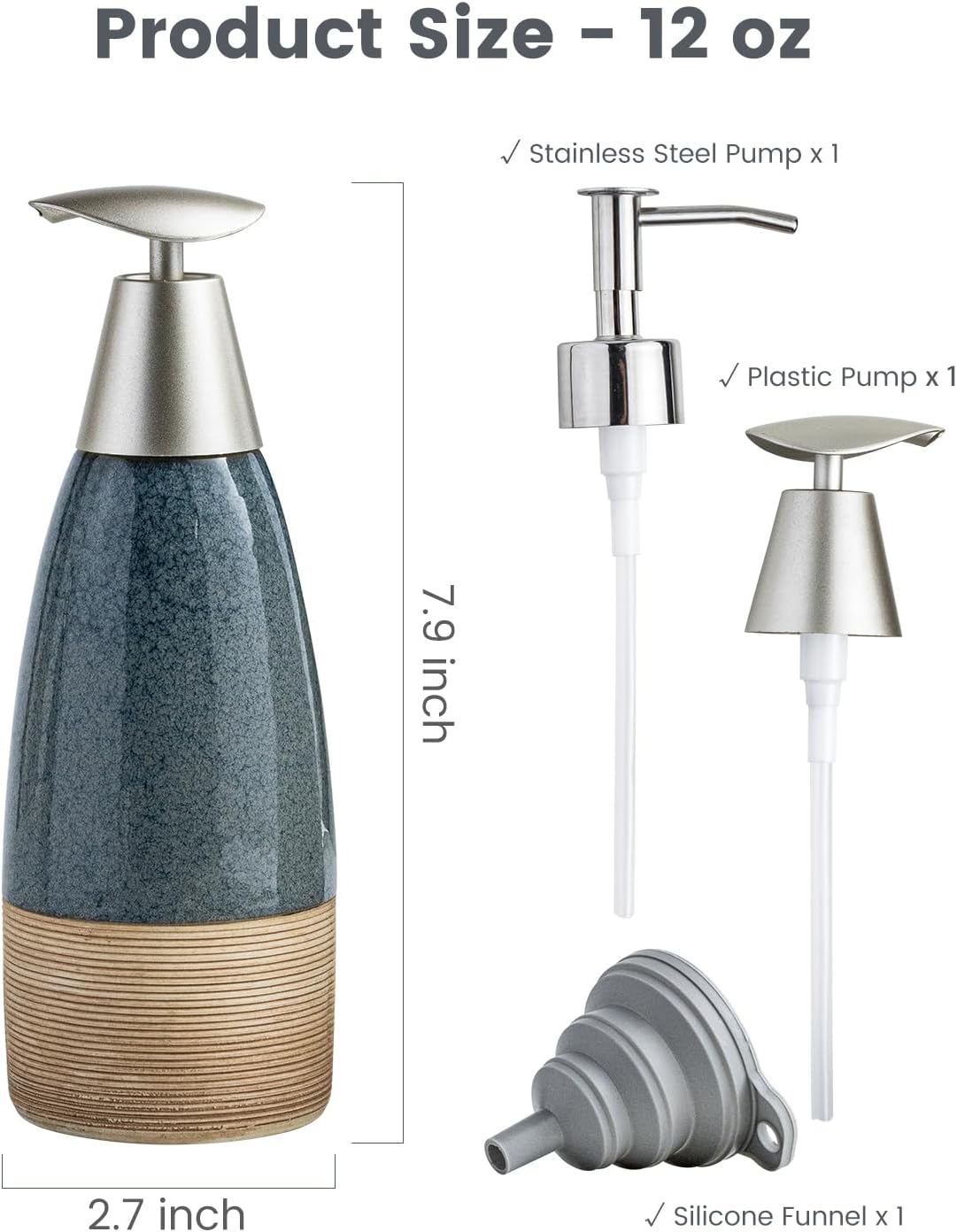 12 oz Dish Soap Dispenser with 2 Pumps, Ceramic Hand Soap Bottle for Shampoo, Body Wash, Lotion, Liquid Dispenser for Kitchen Countertop with Silicone Funnel, Ideal for Thanksgiving, Christmas, Blue