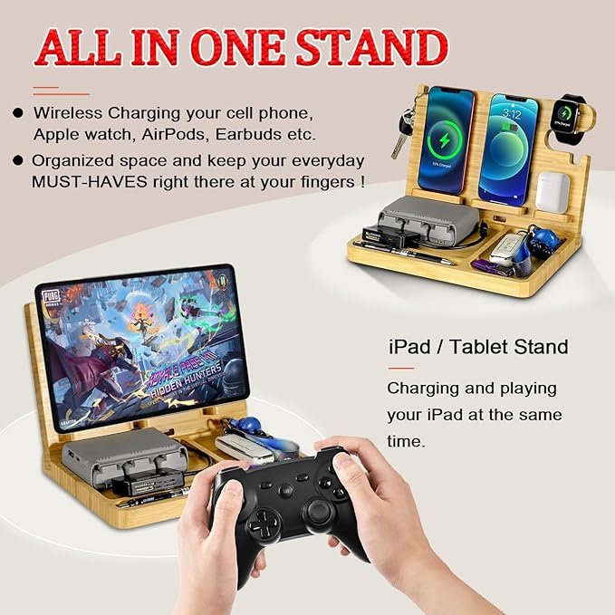 Nightstand Charging Station, 27W Fast Charging Wireless Charger Stand for iPhone/iWatch/Airpod/Samsung, Bamboo Phone Docking Station for Multi Devices, Desk Nightstand Organizer Gifts for Men