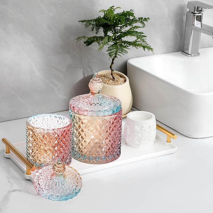 rejomiik 2 Pack Qtip Holder Glass Bathroom Accessories Vanity Organizers and Makeup Storage for Cotton Swabs, Balls, Pads, Floss Picks, Candy, Small and Large Rainbow