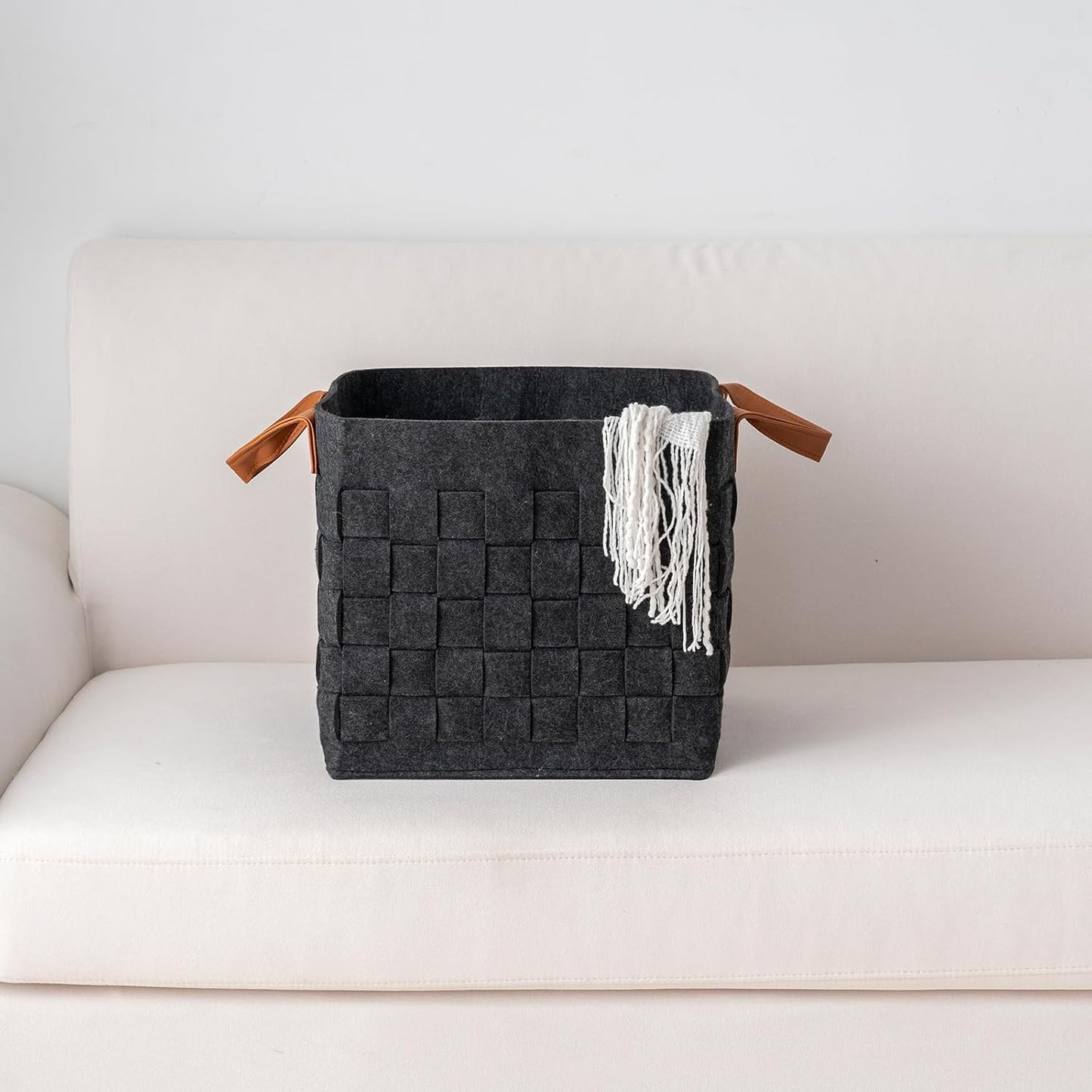 Storage Basket 3 Pack, 13" x13" x13 " Large Blanket Baskets with Leather Handle, Cube Felt Fabric Storage Box for Shelves, Bedroom, Nursery, Living Room - Dark grey