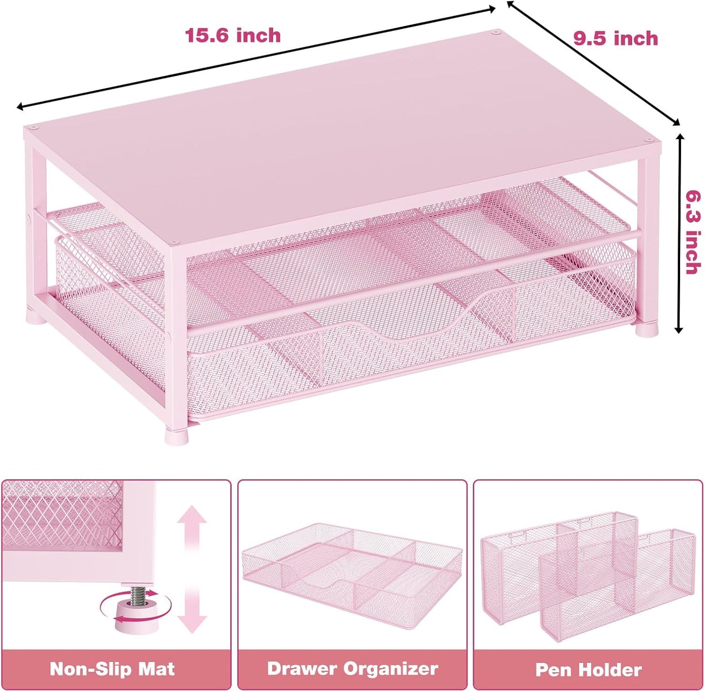 Desk Organizers and Accessories, 2-Tier Computer Monitor Stand Riser with Drawer and 2 Pen Holders, Laptop Stand, Office Desk Accessories & Office Decor for Women, Pink