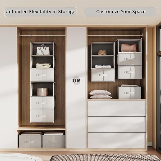 Vailando 6-Shelf Hanging Closet Organizer with 3 Drawers, 2 Separable 3-Shelf Closet Organizers and Storage for Wardrobe Organization, Hanging Dresser for Nursury & Dorm Clothes Organizer