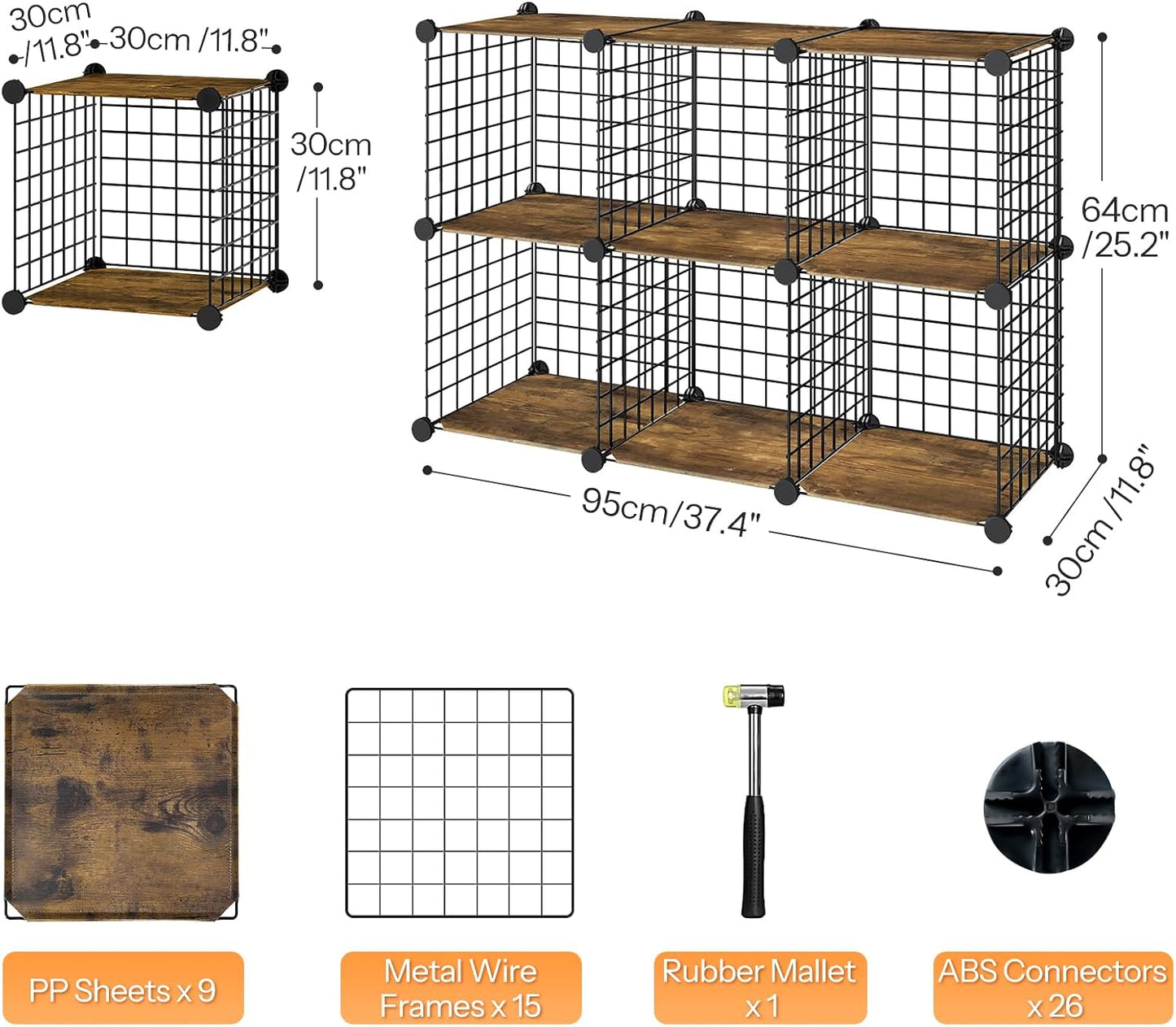 HOOBRO Cube Storage Organizer, 6-Cube Metal Grid Storage Shelf, Modular Cabinet, DIY Cube Storage Organizer, for Living Room, Bedroom, Study, Rustic Brown and Black BF06CW01