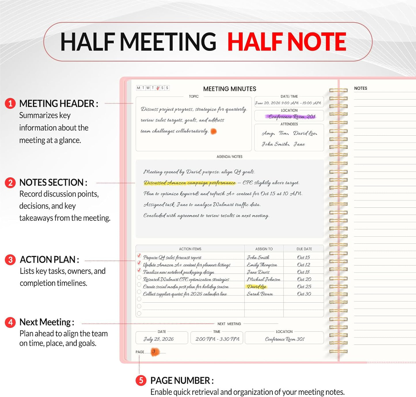 SUNEE Half Meeting Half Note 8.5"x11" Notebook for Work – 140 Pages, A4 Size Project Planner for Women&Men, Minutes Organizer for Meeting Notes, Ideas for Office/Business, PVC Waterproof Cover, Pink