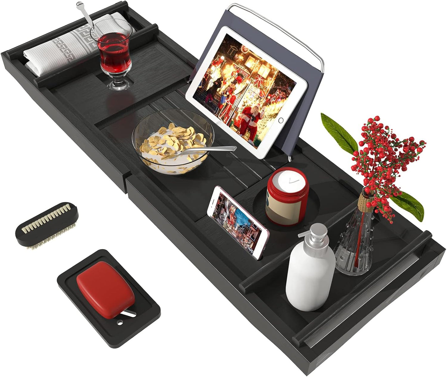 Bath Caddy Tray for Bathtub - Bamboo Adjustable Organizer Tray for Bathroom with Free Soap Dish Suitable for Luxury Spa or Reading(Black)