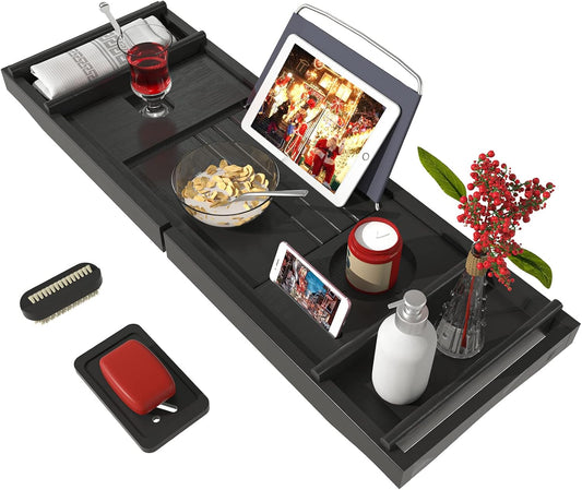 Bath Caddy Tray for Bathtub - Bamboo Adjustable Organizer Tray for Bathroom with Free Soap Dish Suitable for Luxury Spa or Reading(Black)