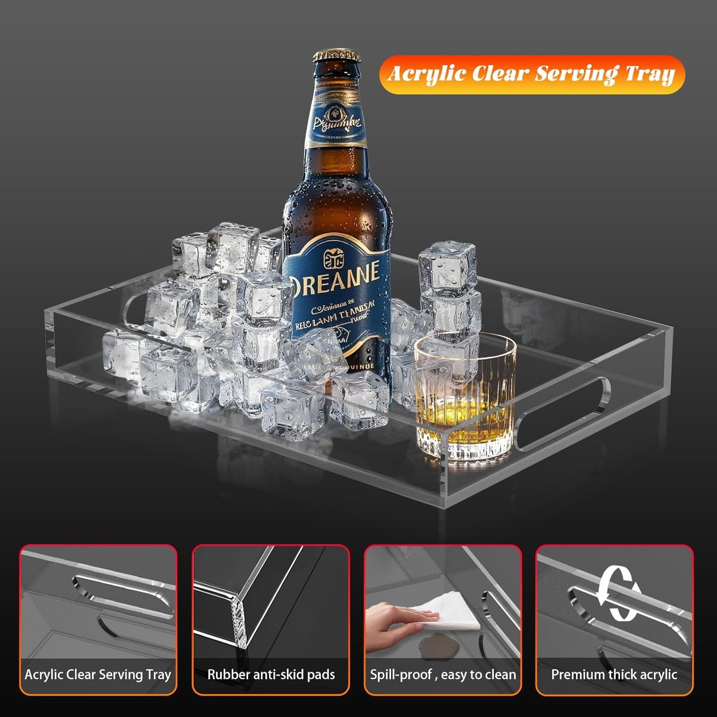 Acrylic Organizer Tray with Handle - Large Lucite Tray for Bench, Coffee Table, Countertop, Kitchen, Bathroom, Living Room, Powder Room