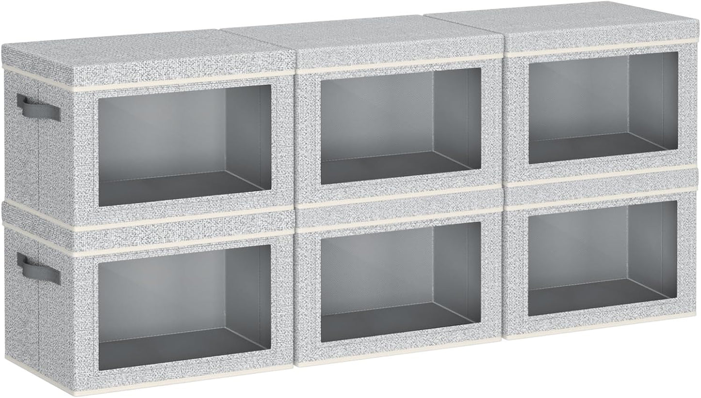 Collapsible Storage Bins with Lids - Stackable Storage Containers with Window, 6 Pack Fabric Cube Bins for Closet, Home & Office Organization Baskets, Light Gray, 14.9" x 9.8" x 9.8"