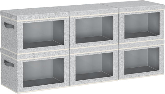Collapsible Storage Bins with Lids - Stackable Storage Containers with Window, 6 Pack Fabric Cube Bins for Closet, Home & Office Organization Baskets, Light Gray, 14.9" x 9.8" x 9.8"