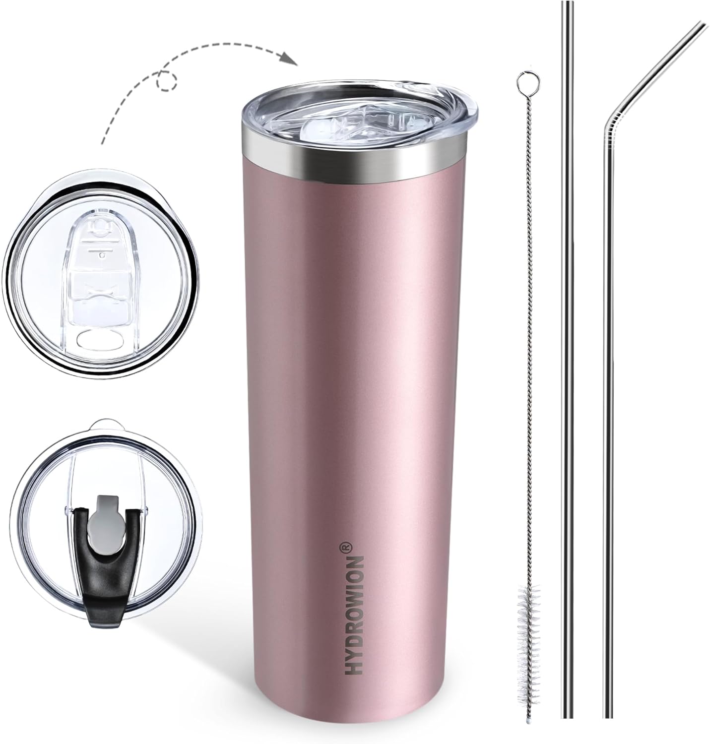 HYDROWION Triple-Insulated Tumblers - Stainless Steel with Lid and Straw, 20 oz Water Bottle, Coffee Cups, Travel Mug for Home & Office Rose Gold