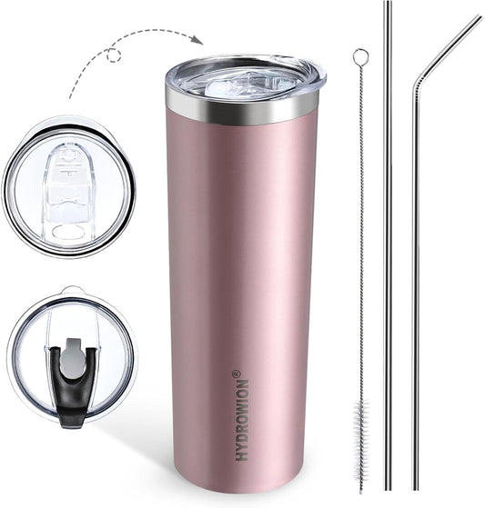 HYDROWION Triple-Insulated Tumblers - Stainless Steel with Lid and Straw, 20 oz Water Bottle, Coffee Cups, Travel Mug for Home & Office Rose Gold