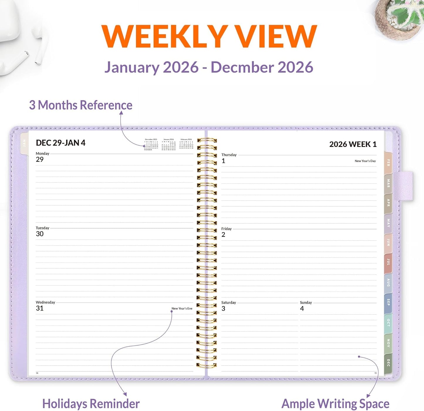 SUNEE 2026 Weekly & Monthly Planner 9"x11.2"- 12 Month (January 2026 - December 2026), Vegan Leather Cover, Pocket, Bookmark, Notes, Monthly Tab, Purple