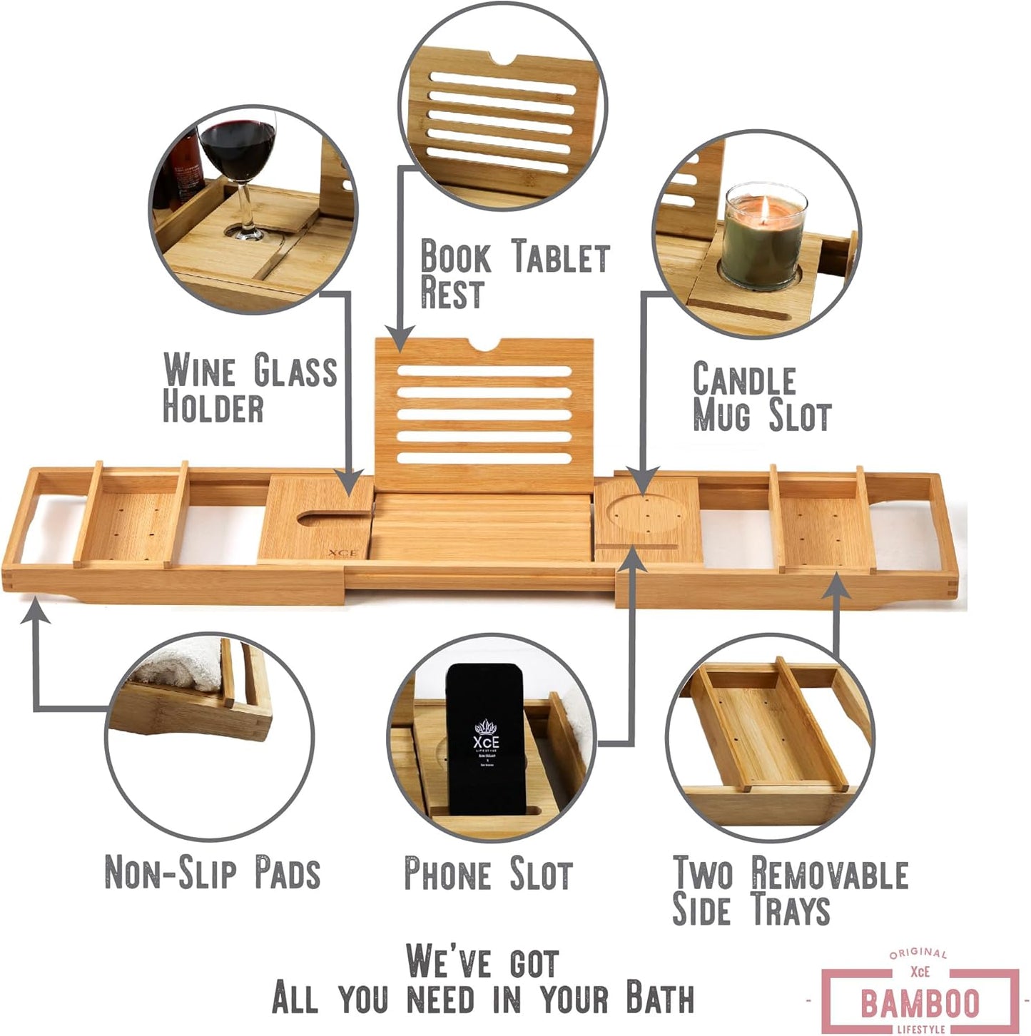 XcE Bathtub Caddy Tray Expandable to 105cm with Bamboo Book Stand and Soap Tray, Natural