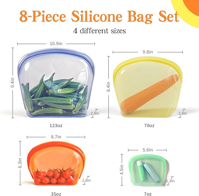 Platinum Silicone Reusable food storage Bags Multipack - 8 Pcs clear freezer storage containers, Double Lock Seal Leakproof reusable snack bags- Oven Dishwasher Freezer Safe - Mix Color
