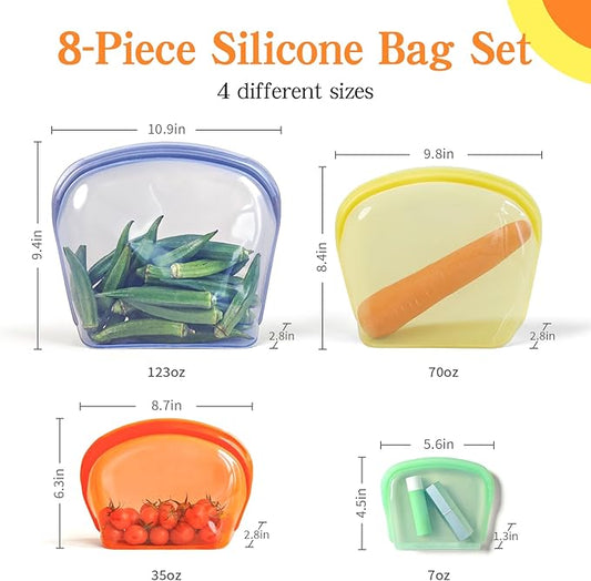Platinum Silicone Reusable food storage Bags Multipack - 8 Pcs clear freezer storage containers, Double Lock Seal Leakproof reusable snack bags- Oven Dishwasher Freezer Safe - Mix Color