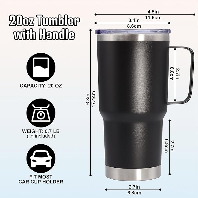 20 oz Tumbler with Handle and Lid, Stainless Steel Tumbler Insulated Travel Coffee Mug, Spill Proof Double Wall Vacuum Tumbler Cup Keep Drink Hot & Cold, Black, 1 Pack